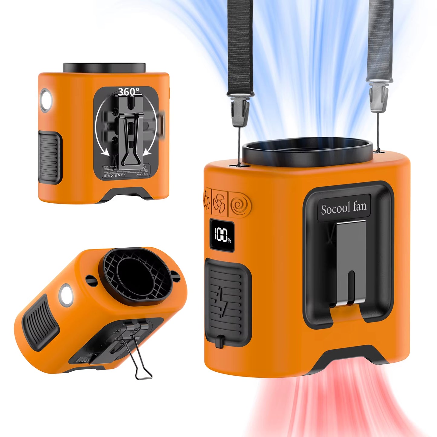 Socool 14500Mah Waist Fan Portable Hanging Neck Fan Storm Wind with 360° Rotating Clip Phone Charging Light for Outdoor Working
