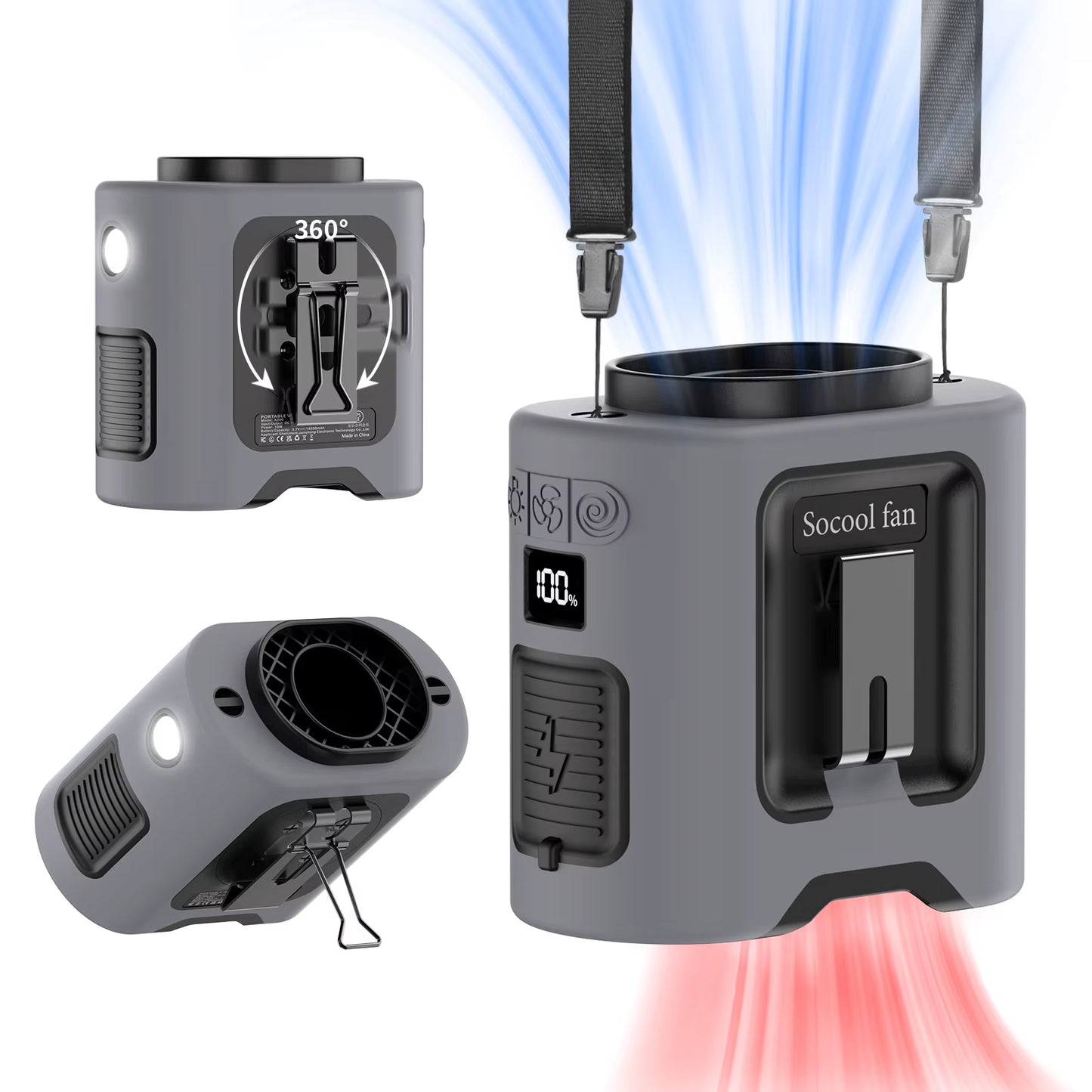 Socool 14500Mah Waist Fan Portable Hanging Neck Fan Storm Wind with 360° Rotating Clip Phone Charging Light for Outdoor Working