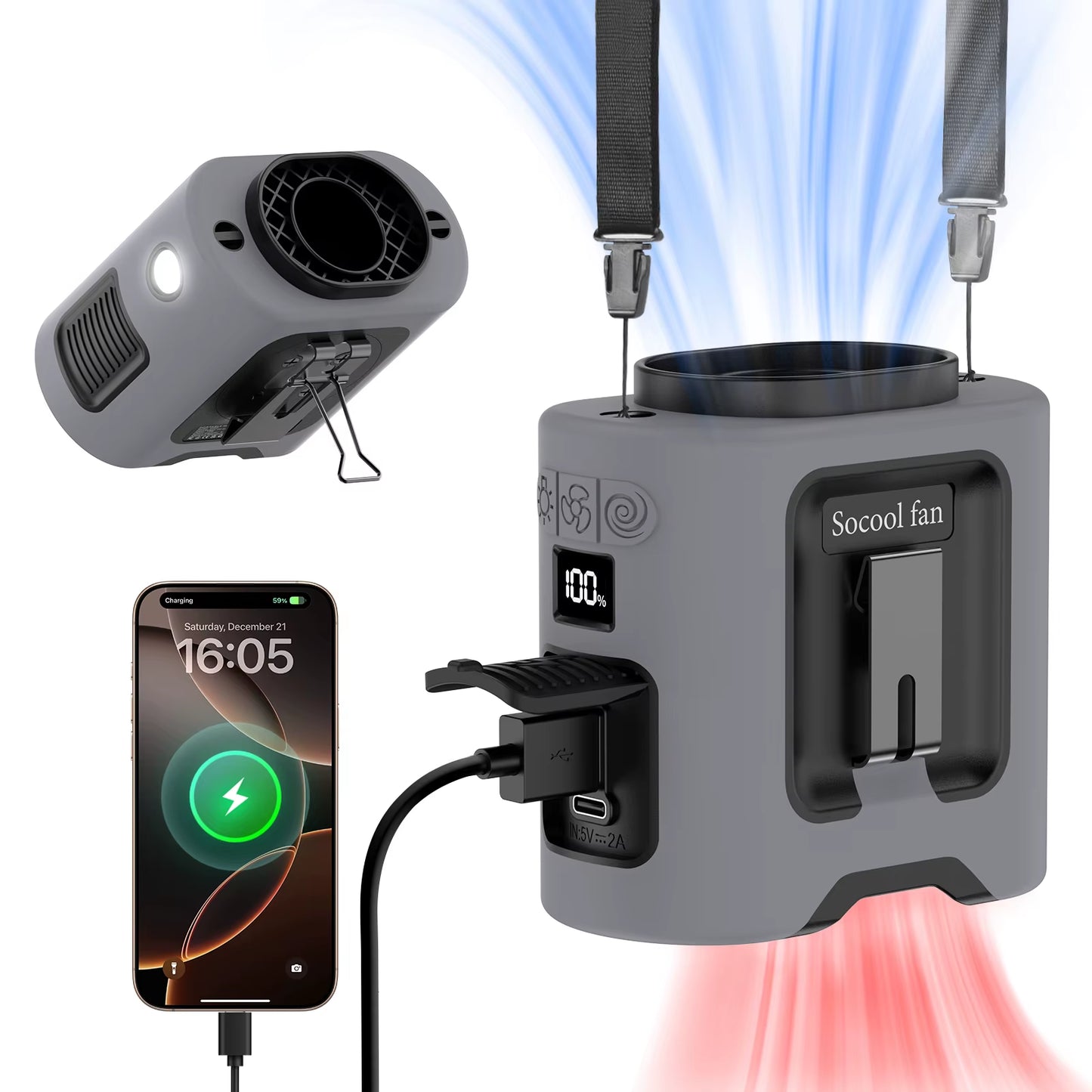 Socool 14500Mah Waist Fan Portable Hanging Neck Fan Storm Wind with 360° Rotating Clip Phone Charging Light for Outdoor Working