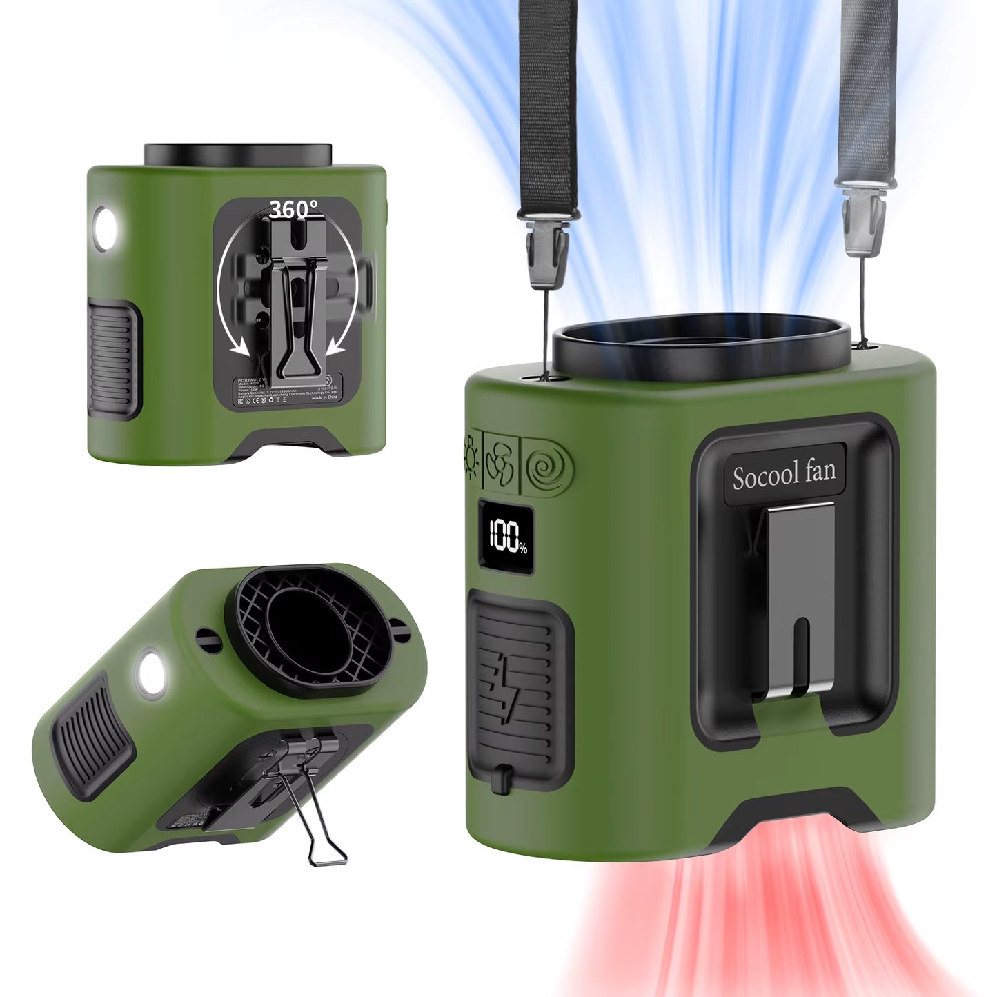 Socool 14500Mah Waist Fan Portable Hanging Neck Fan Storm Wind with 360° Rotating Clip Phone Charging Light for Outdoor Working