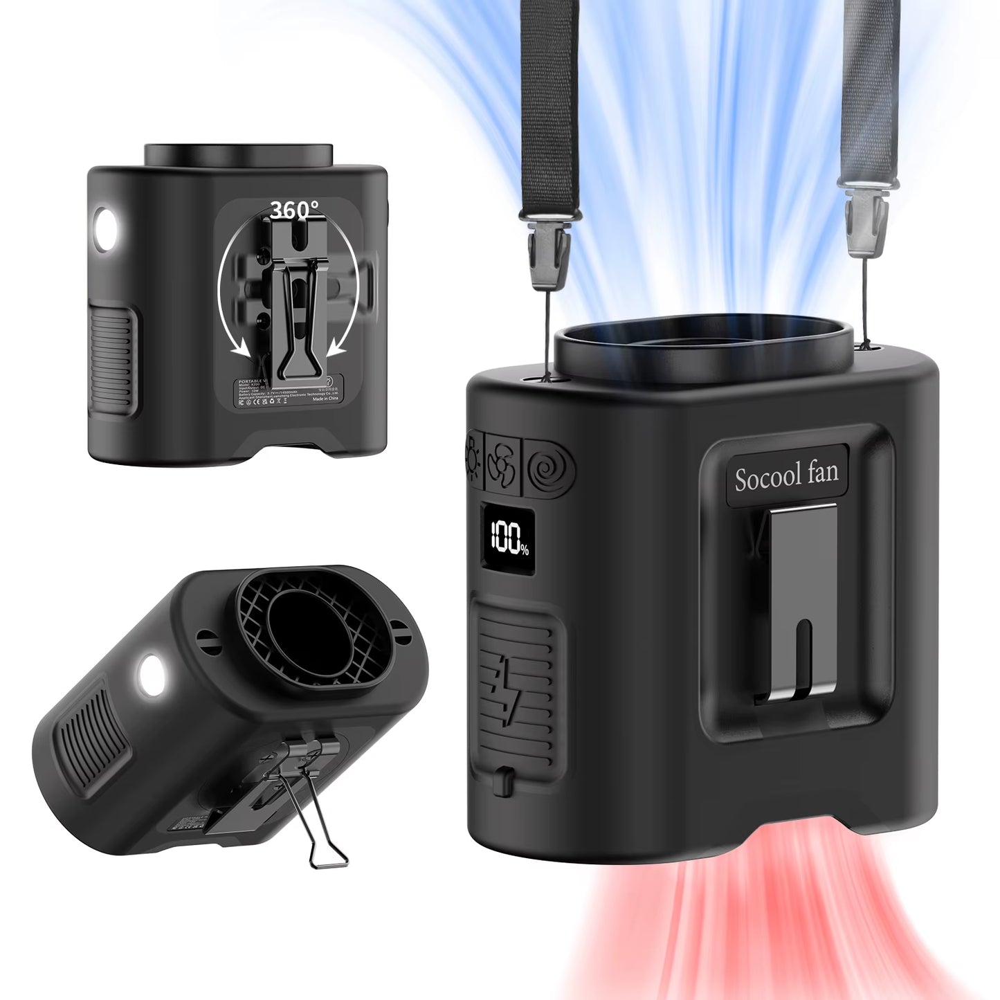 Socool 14500Mah Waist Fan Portable Hanging Neck Fan Storm Wind with 360° Rotating Clip Phone Charging Light for Outdoor Working