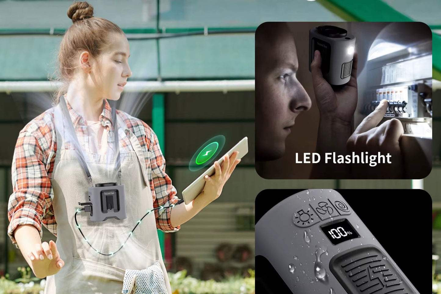 Socool 14500Mah Waist Fan Portable Hanging Neck Fan Storm Wind with 360° Rotating Clip Phone Charging Light for Outdoor Working